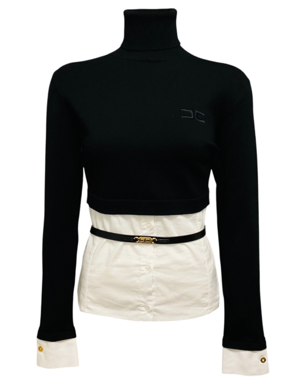 Elisabetta Franchi Black / White Viscose Knit Turtleneck Sweater Top with Cotton